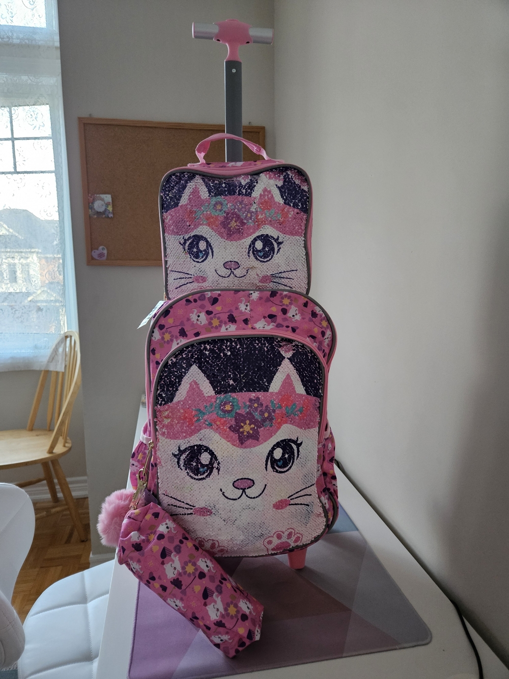 3pc Girls Rolling Backpack Set - Flip Sequin Cat School Bag, Lunch Box & Pencil - Picture 4 of 17
